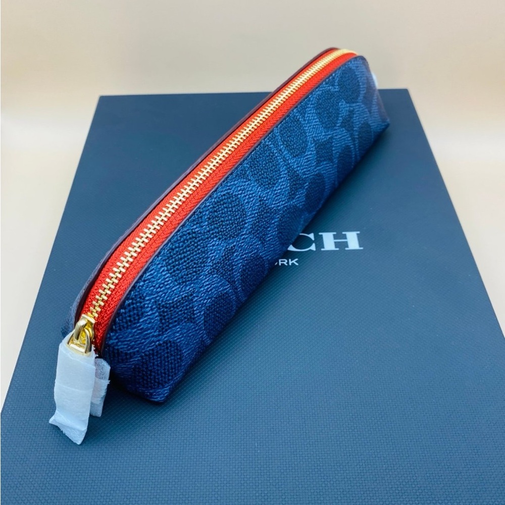 Coach Navy Pencil Case with Bold Red Zipper